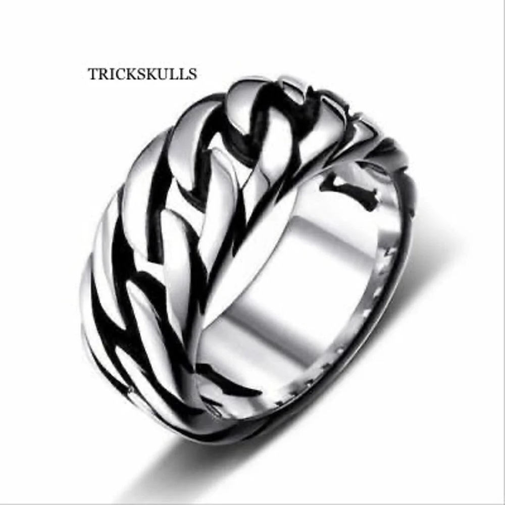 Stainless Silver Figaro Chain Ring Fixed Solid Link Band Modern Artisan Design